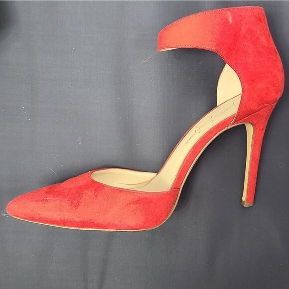 Jessica Simpson Postrie Pump Red Suede Stiletto Heels Ankle Strap Pointed Toe - Picture 9 of 9